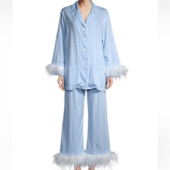 Sleeper Other - Sleeper Two-Piece Party Feather-Trim Pajama Set, Blue Gingham, Size Medium